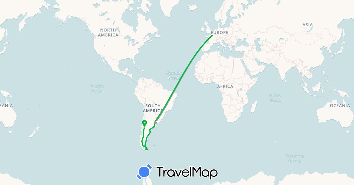 TravelMap itinerary: bus, plane in Argentina, Chile, France (Europe, South America)